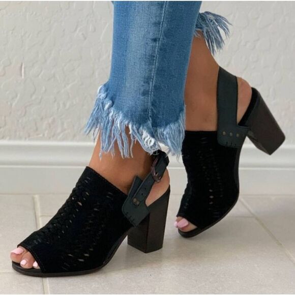 Maurices Shoes Womens Courtney Slingback Navy Black Peep Toe Mule Chunky Heel. S - Picture 3 of 11